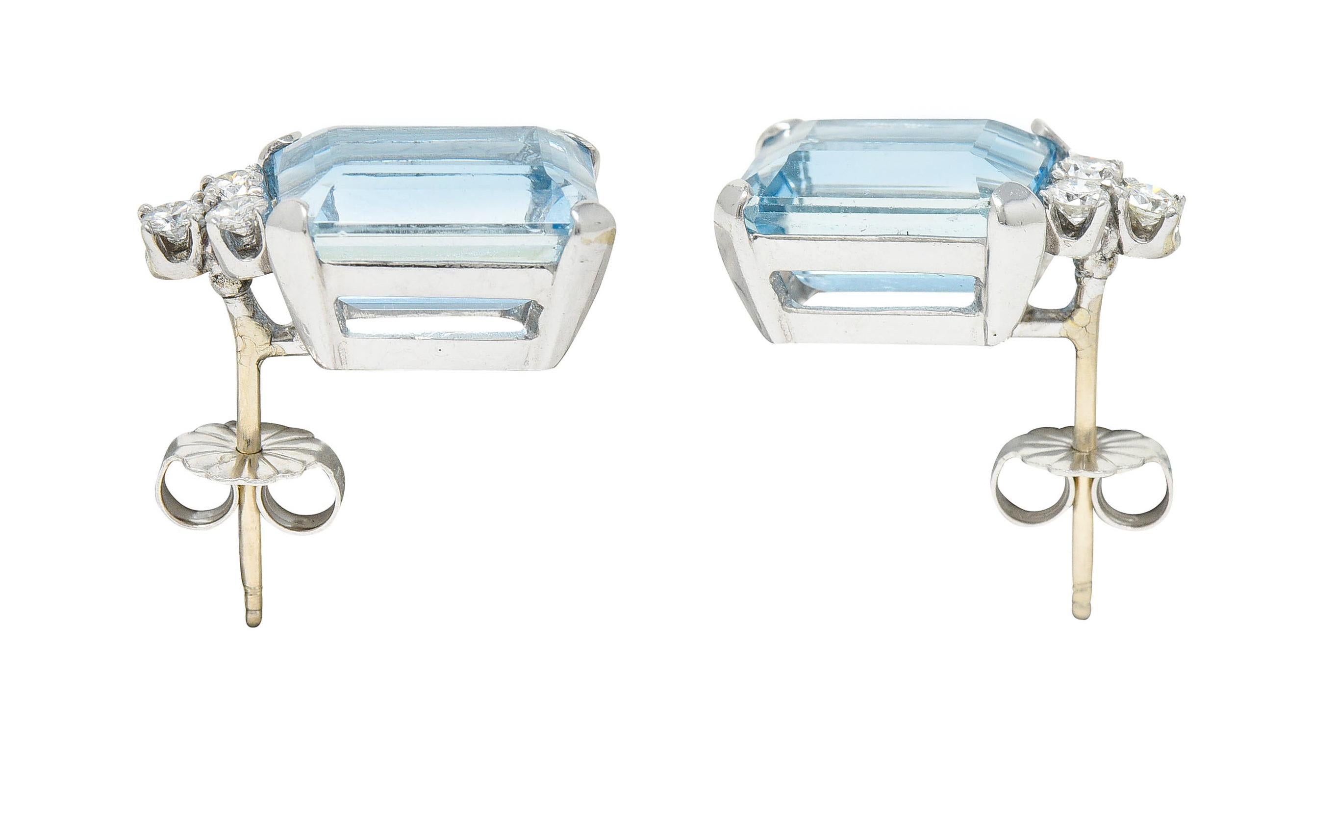 Emerald Cut Vintage 9.20 Carats Aquamarine Diamond 14 Karat White Gold Stud Earrings