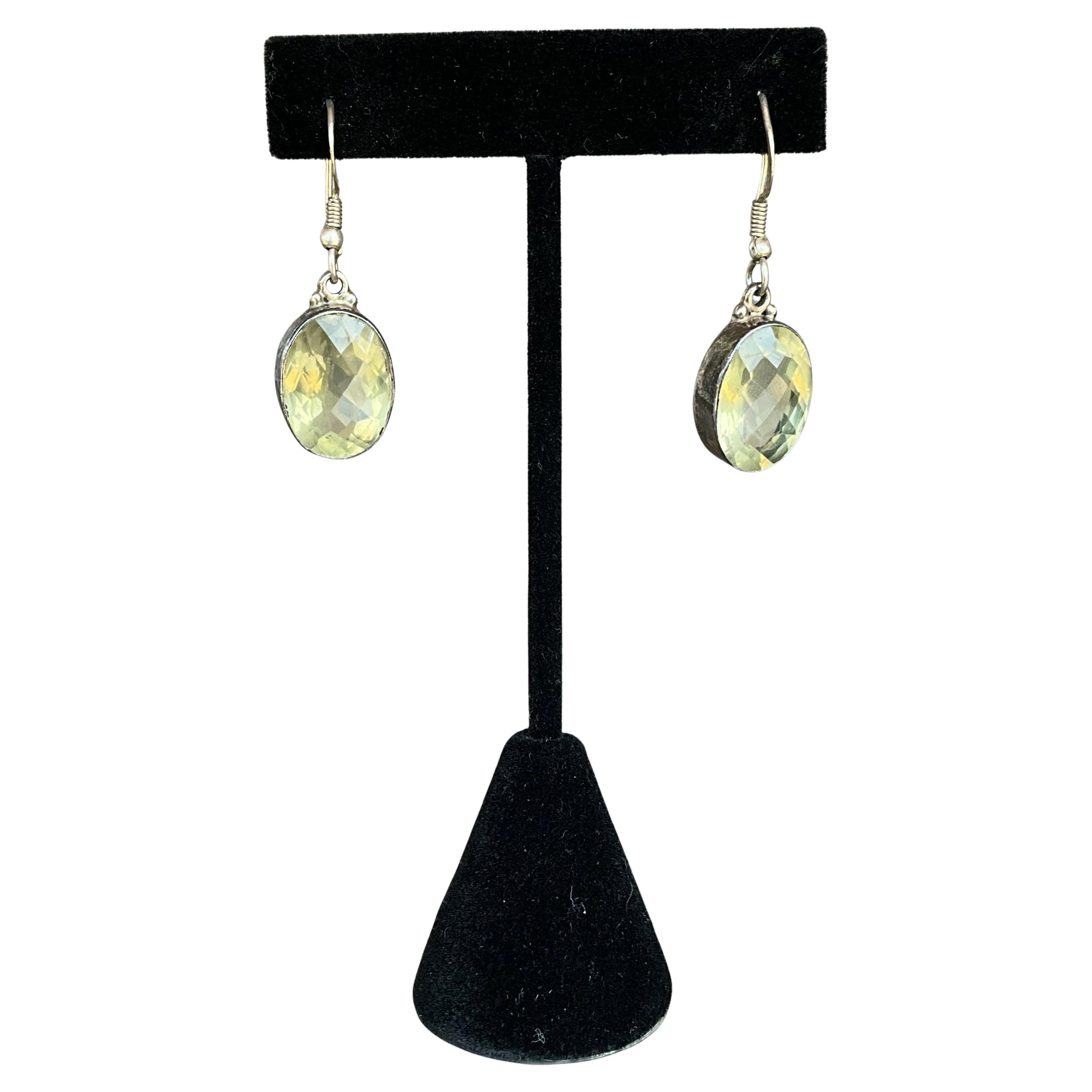 Vintage 925 Silver Drop Earrings with Green Gemstone