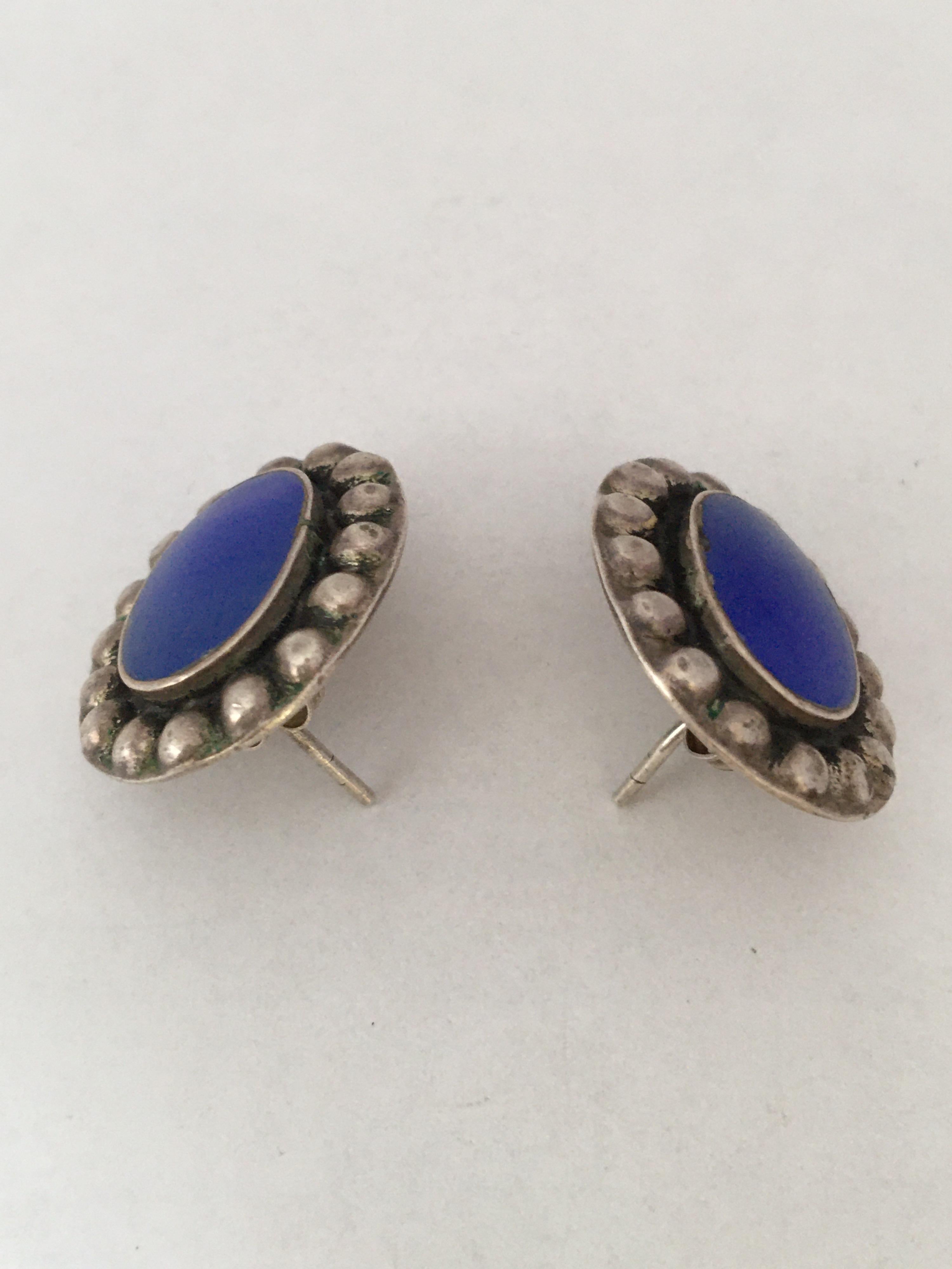 Vintage 925 Silver Pair of Earrings with Blue Agate In Good Condition For Sale In Carlisle, GB