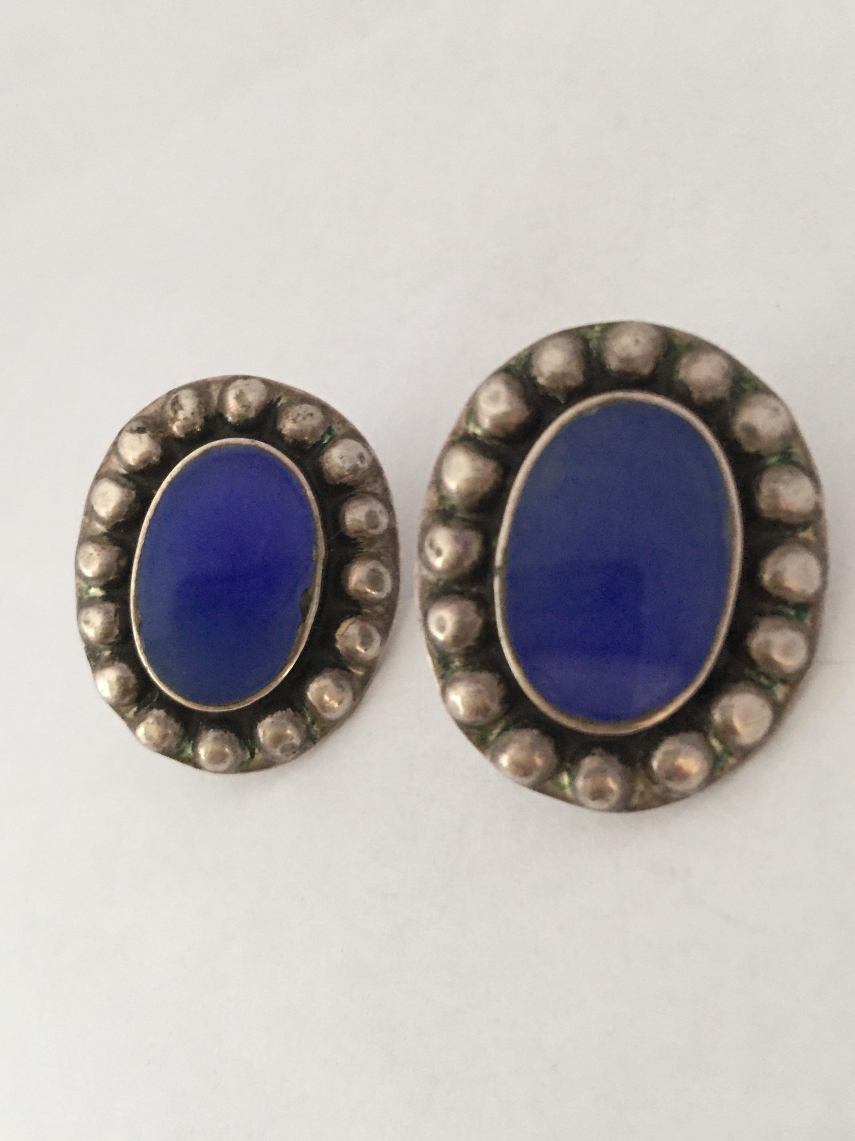 Vintage 925 Silver Pair of Earrings with Blue Agate For Sale 2