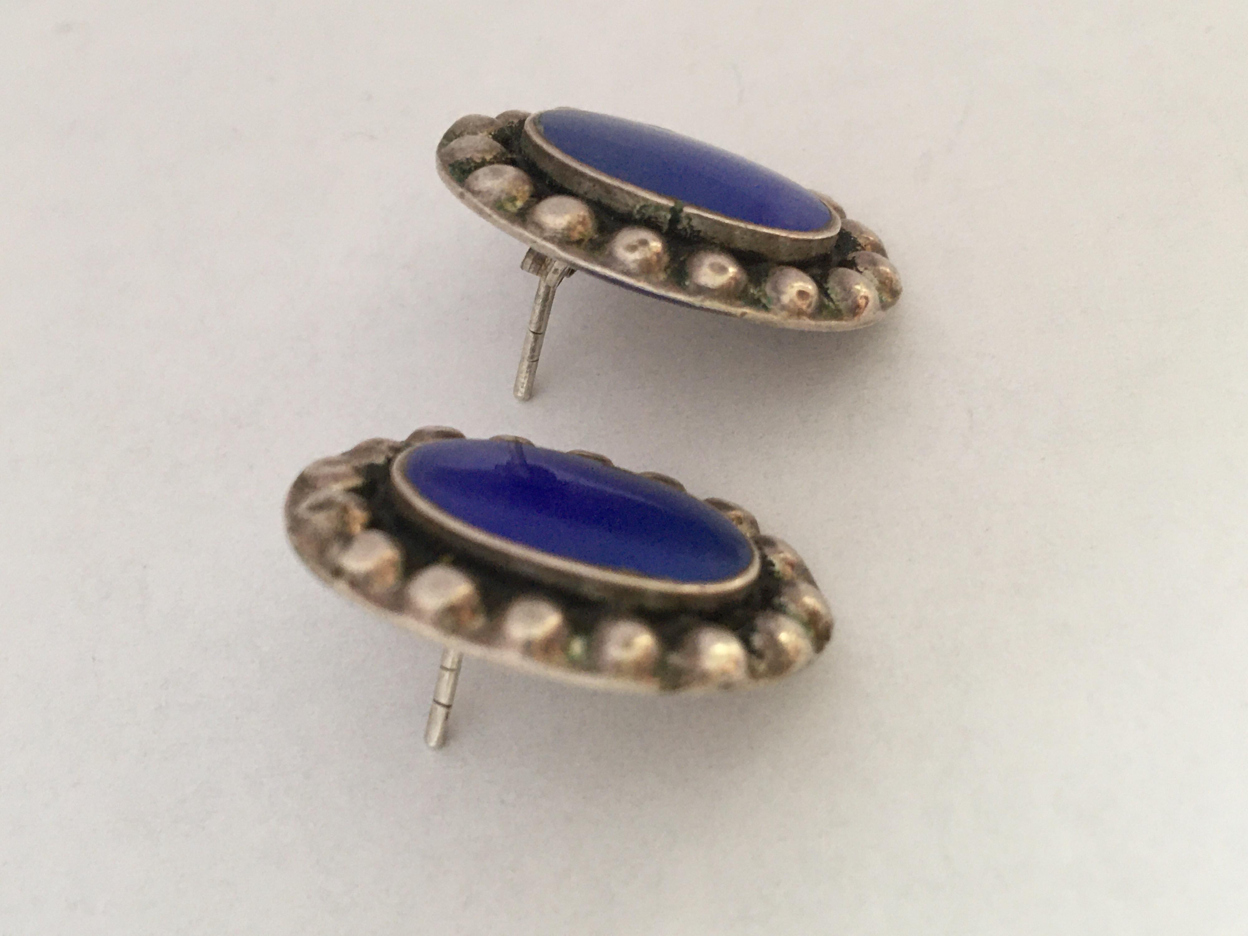 Vintage 925 Silver Pair of Earrings with Blue Agate For Sale 3