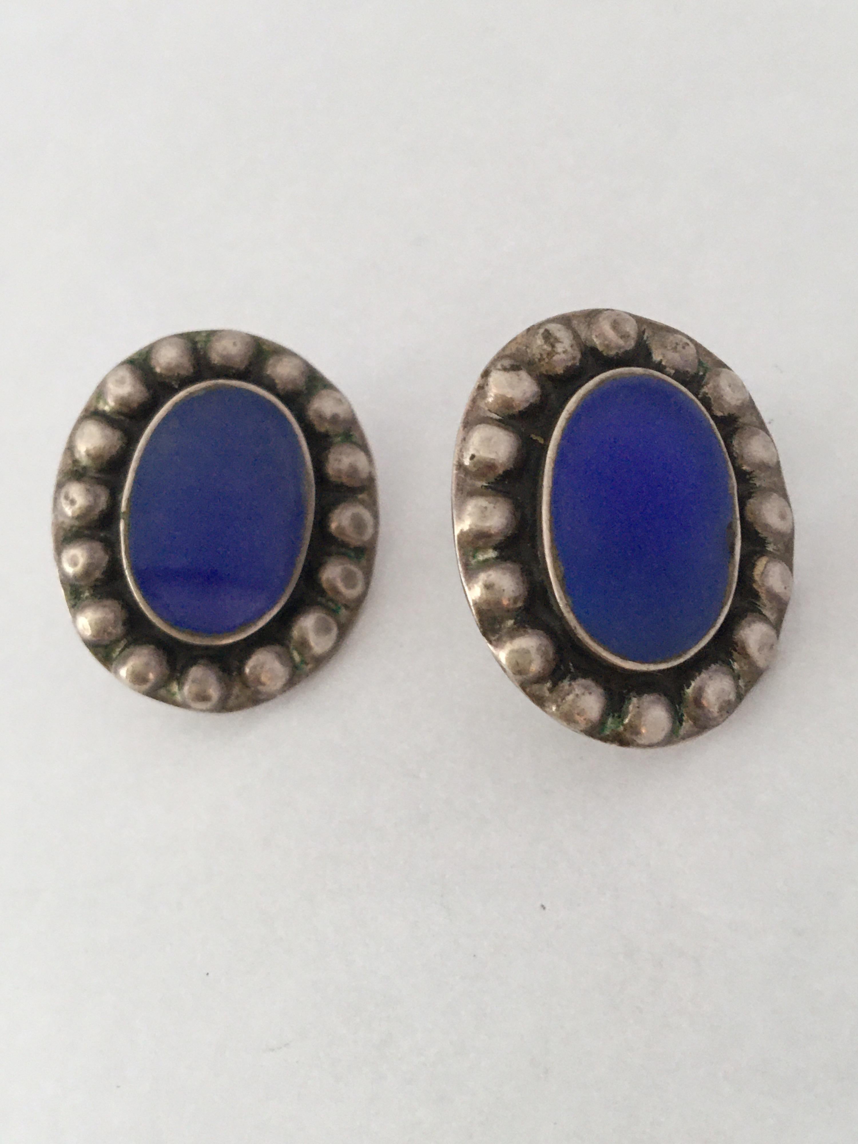 Vintage 925 Silver Pair of Earrings with Blue Agate For Sale 4