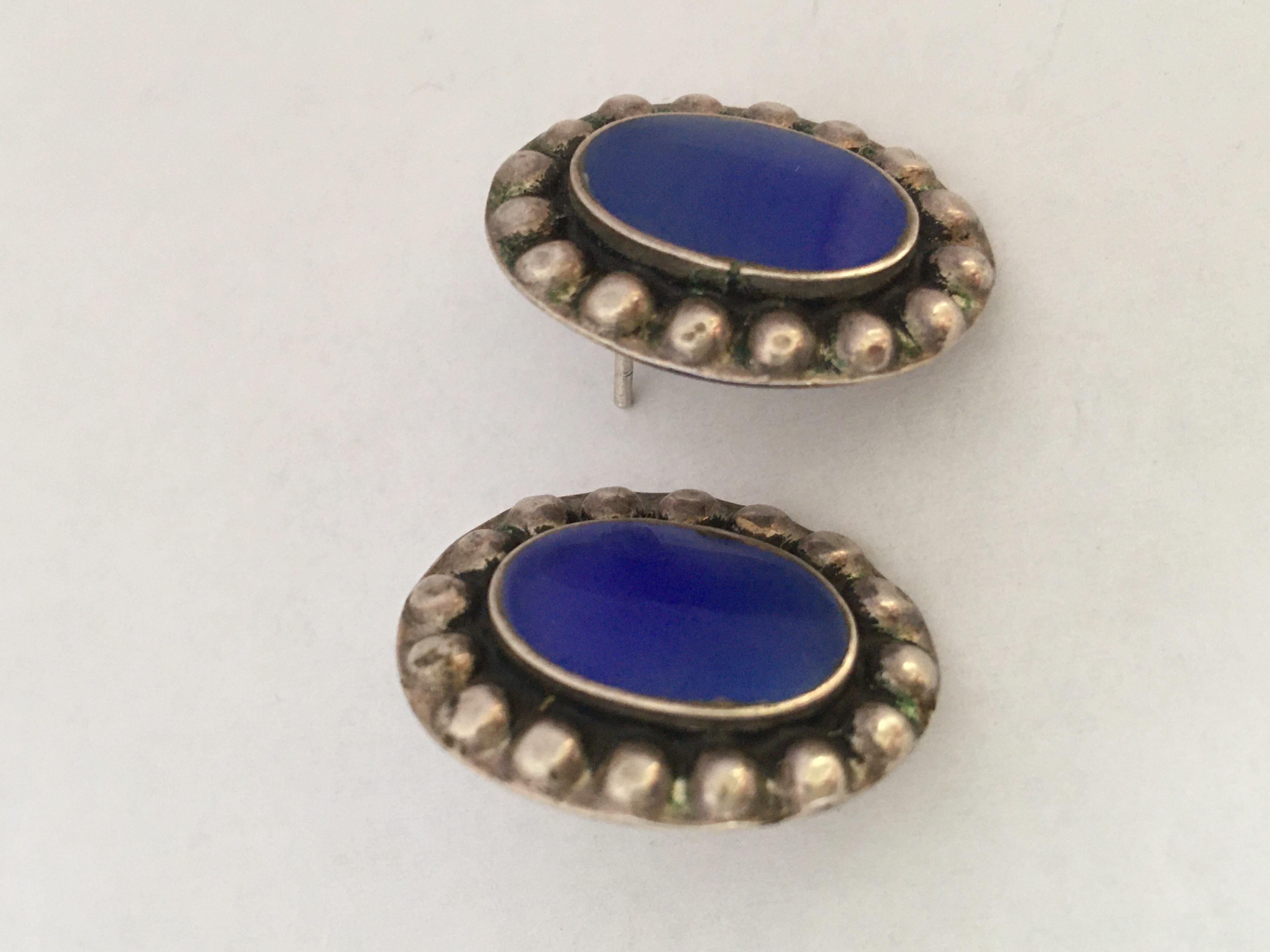 Vintage 925 Silver Pair of Earrings with Blue Agate For Sale 5