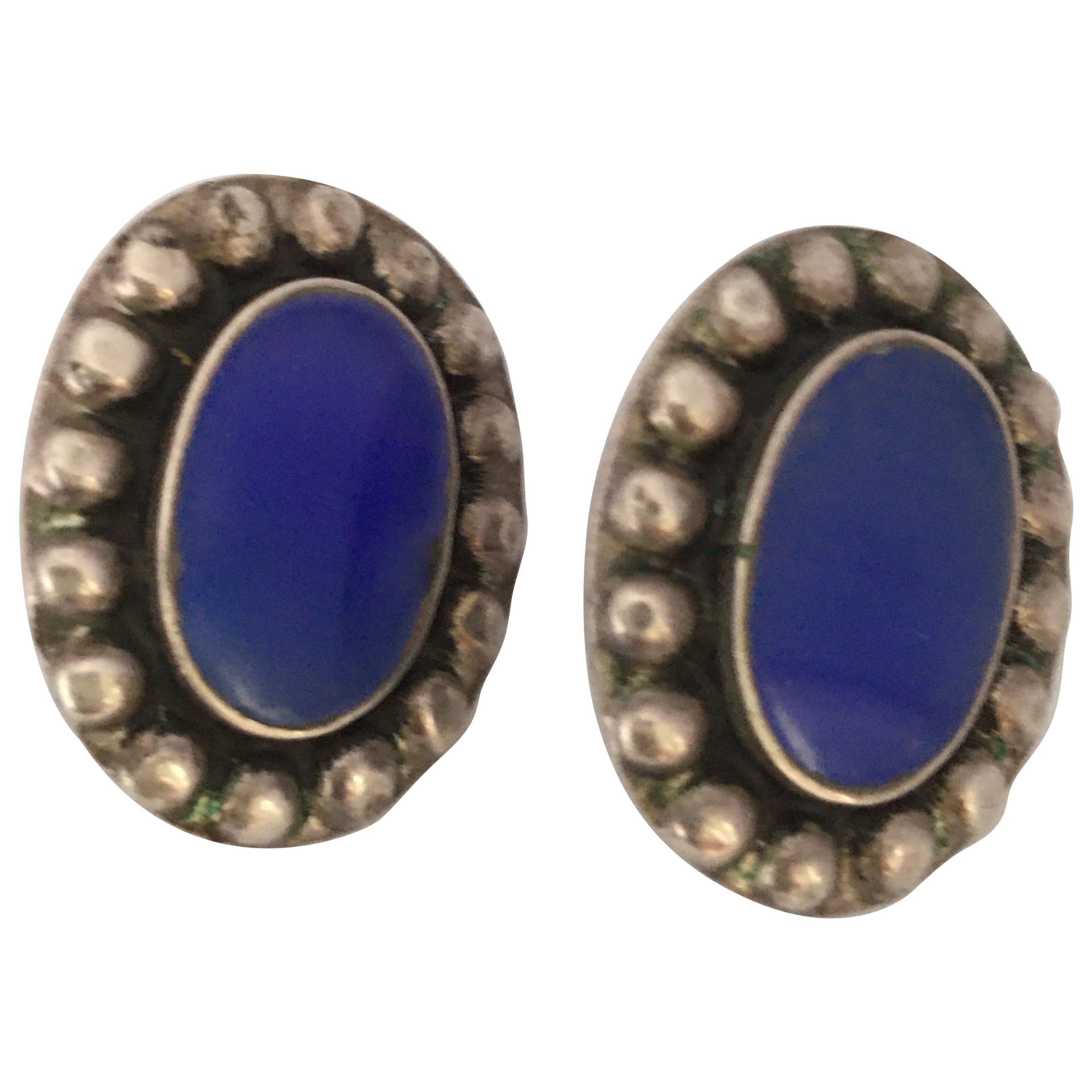 Vintage 925 Silver Pair of Earrings with Blue Agate For Sale