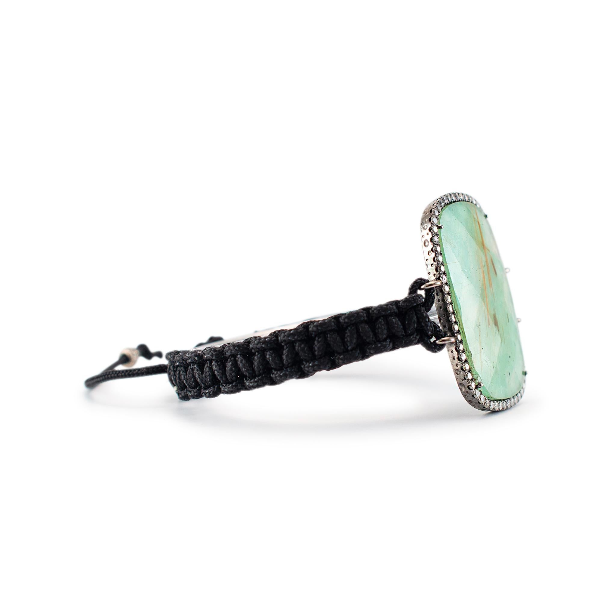 Cushion Cut Vintage 925 Sterling Amazonite Halo Diamond Braided Rope Bracelet For Sale