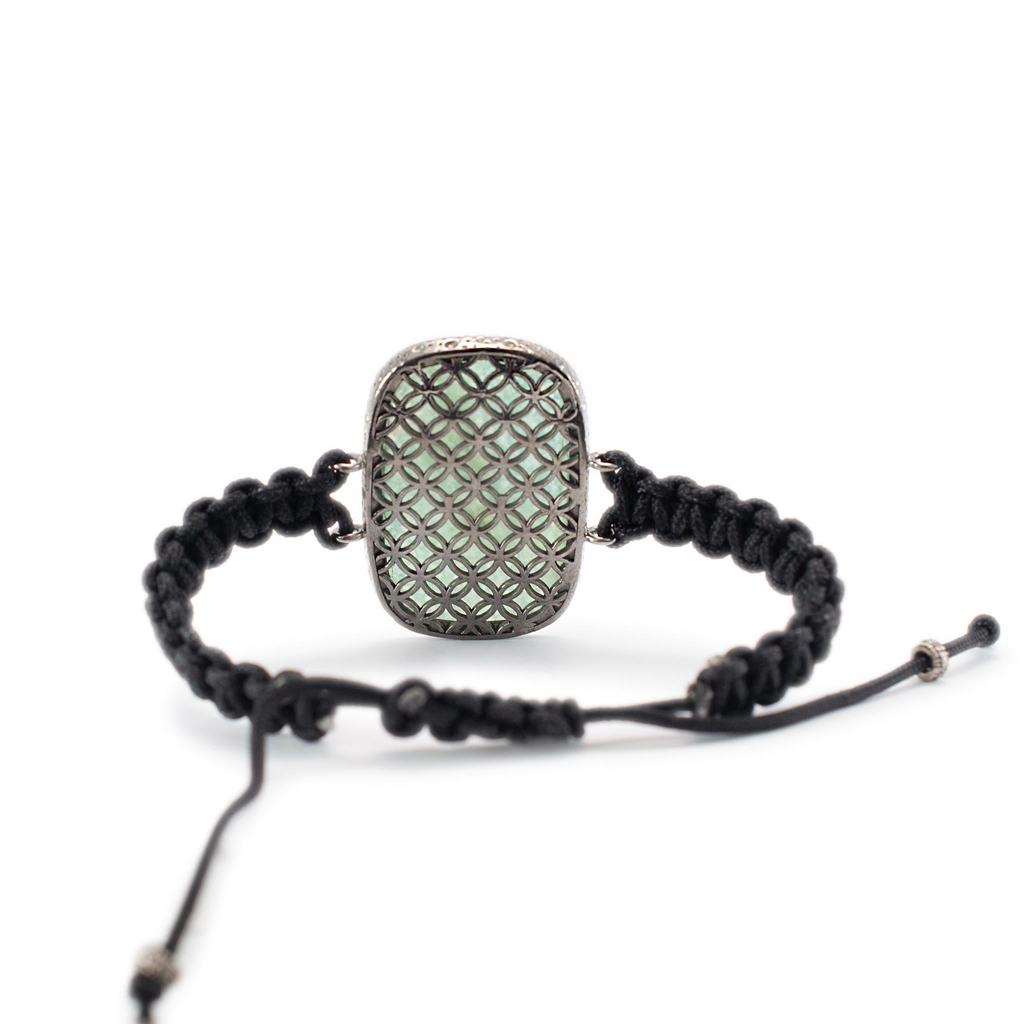 Vintage 925 Sterling Amazonite Halo Diamond Braided Rope Bracelet In Excellent Condition For Sale In Houston, TX