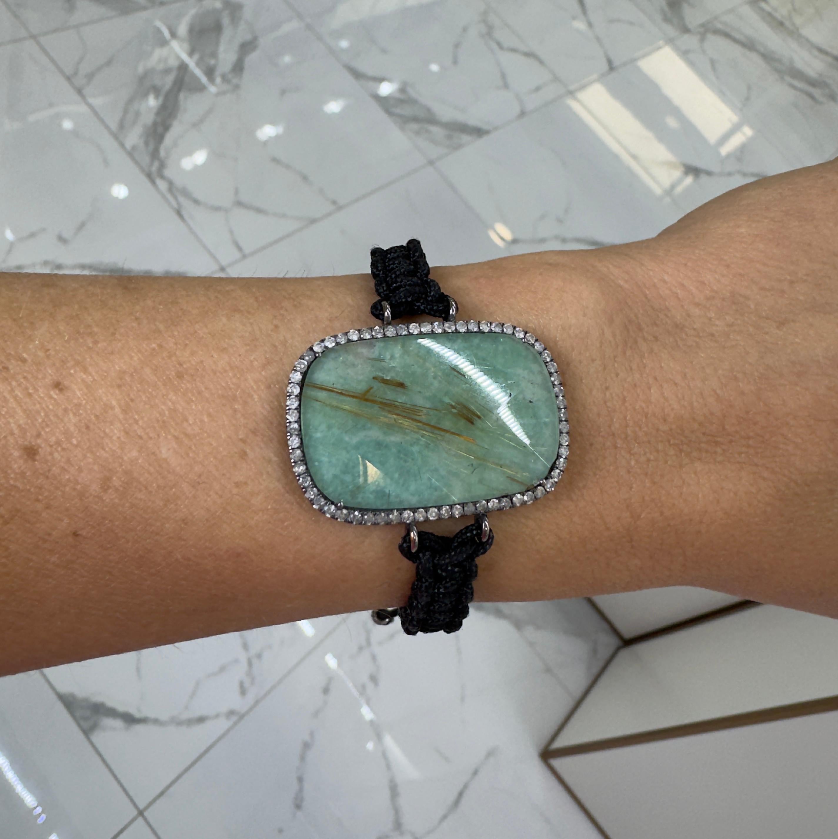 Vintage 925 Sterling Amazonite Halo Diamond Braided Rope Bracelet For Sale 1