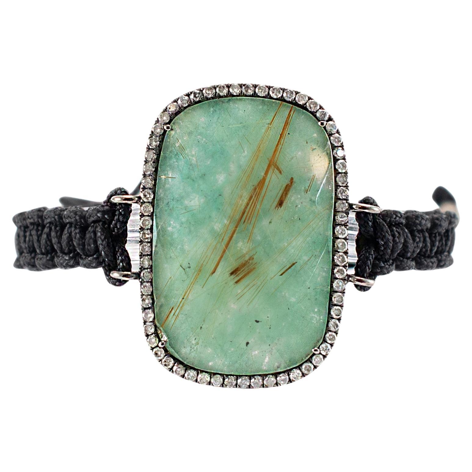 Vintage 925 Sterling Amazonite Halo Diamond Braided Rope Bracelet For Sale