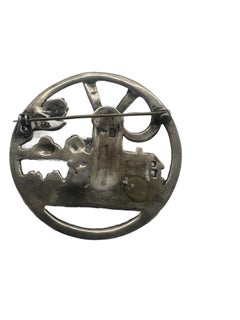 Vintage 925 Sterling Silver Delft Dutch Windmill Floral Brooch Pin