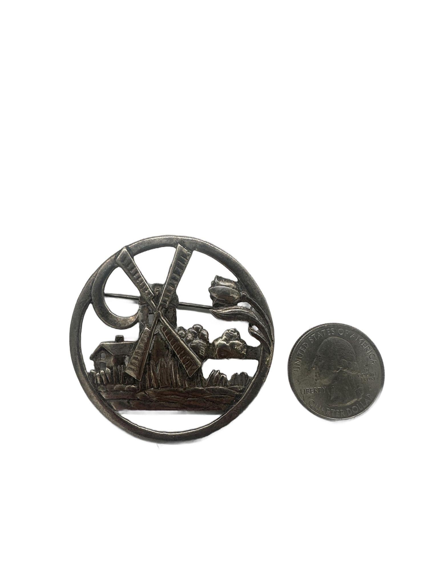 Vintage 925 Sterling Silber Delft Niederländische Windmühle Floral Brosche Pin (Art déco) im Angebot