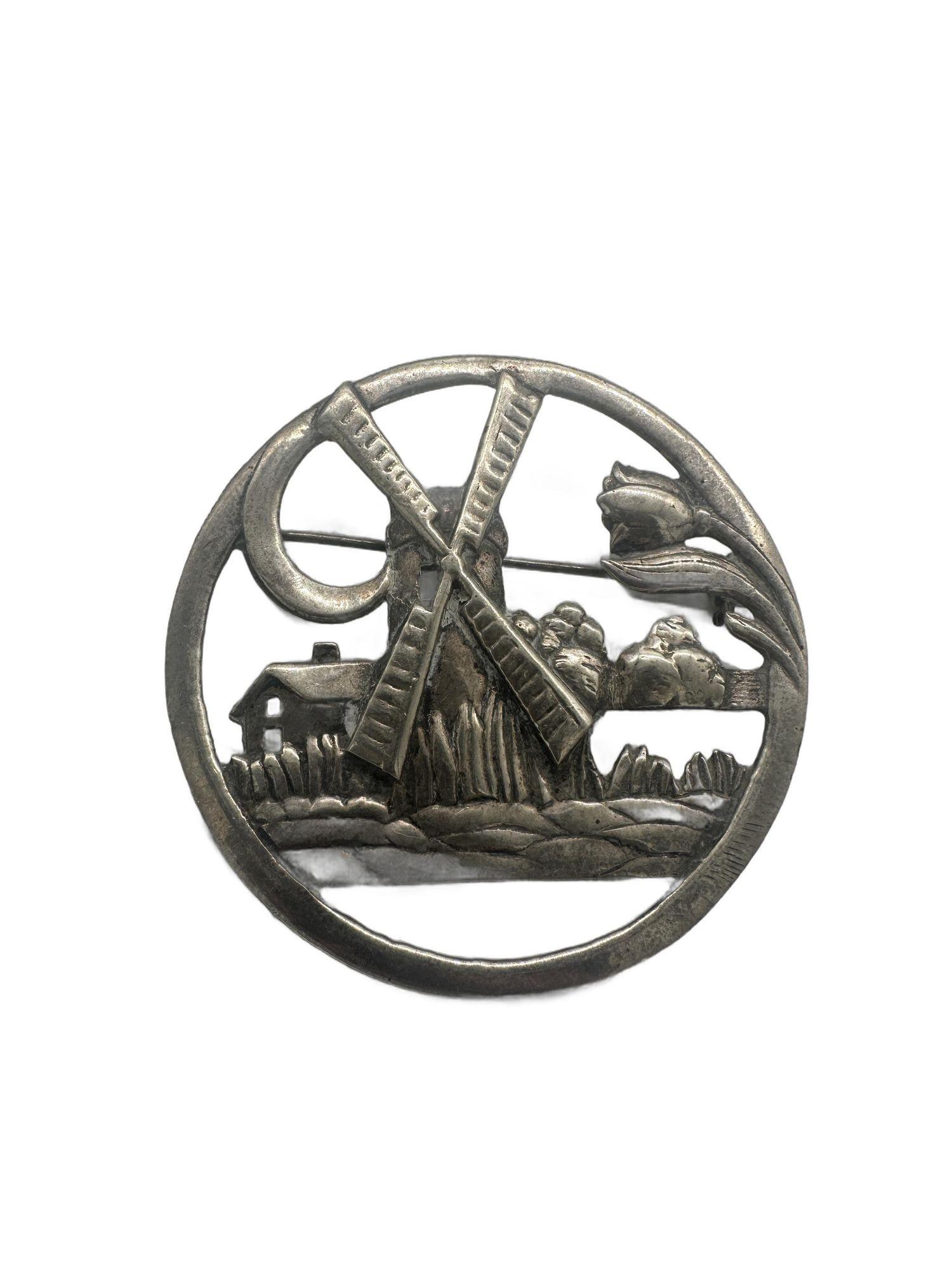 Vintage 925 Sterling Silber Delft Niederländische Windmühle Floral Brosche Pin (Europäisch) im Angebot