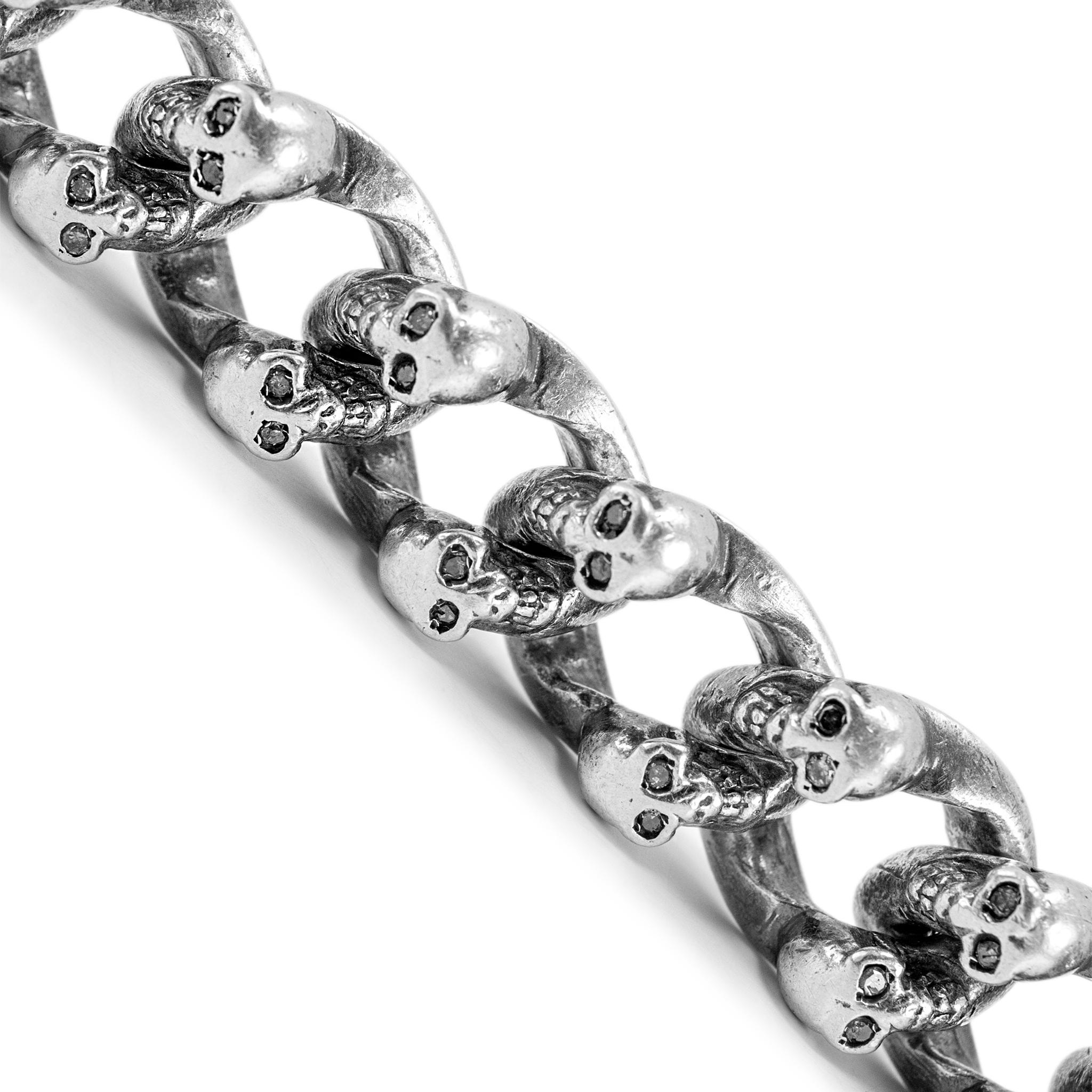 Men's Vintage 925 Sterling Silver Diamond Eyed Black Sapphire Skulls Biker Bracelet
