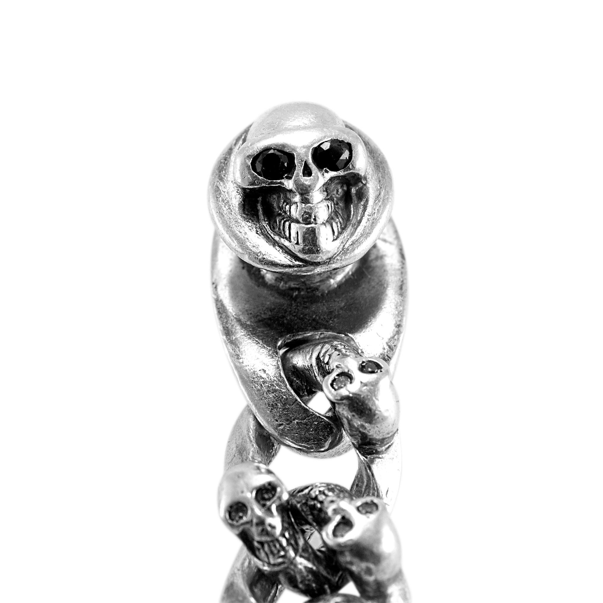 Vintage 925 Sterling Silver Diamond Eyed Black Sapphire Skulls Biker Bracelet 1