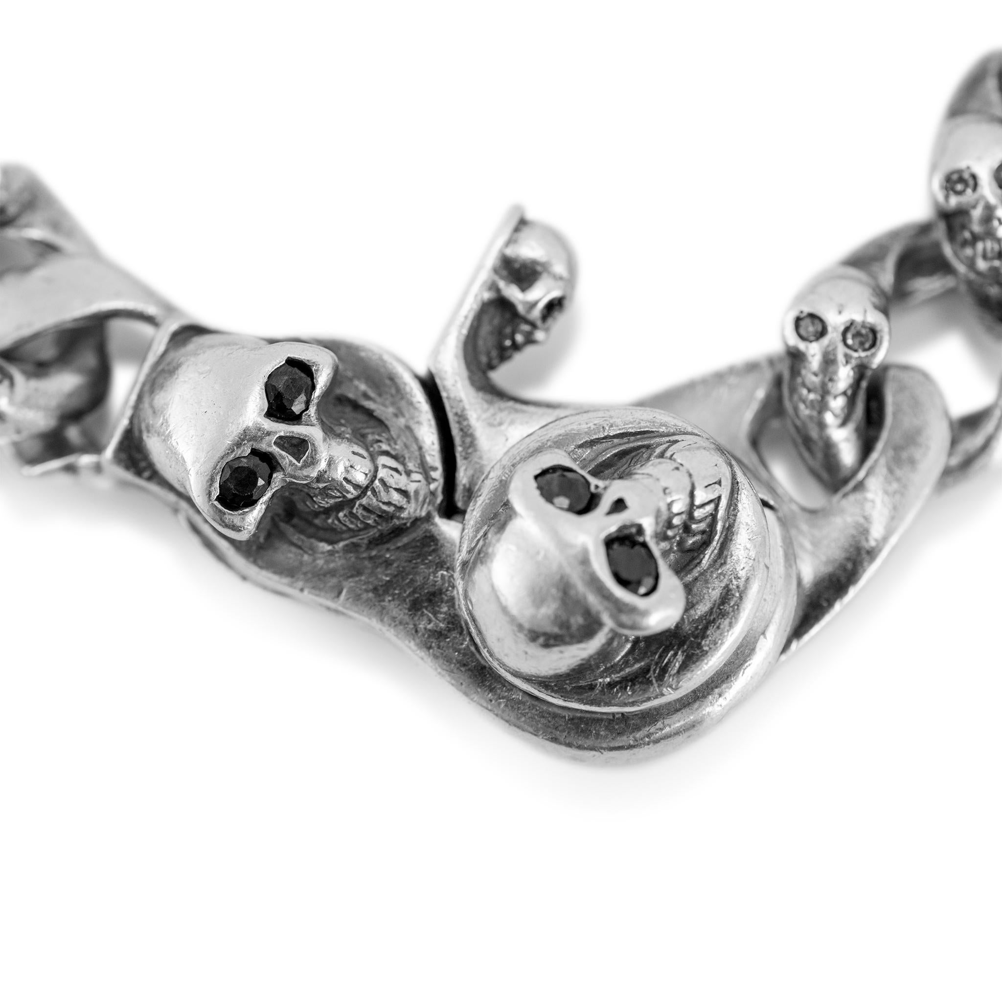 Vintage 925 Sterling Silver Diamond Eyed Black Sapphire Skulls Biker Bracelet 2