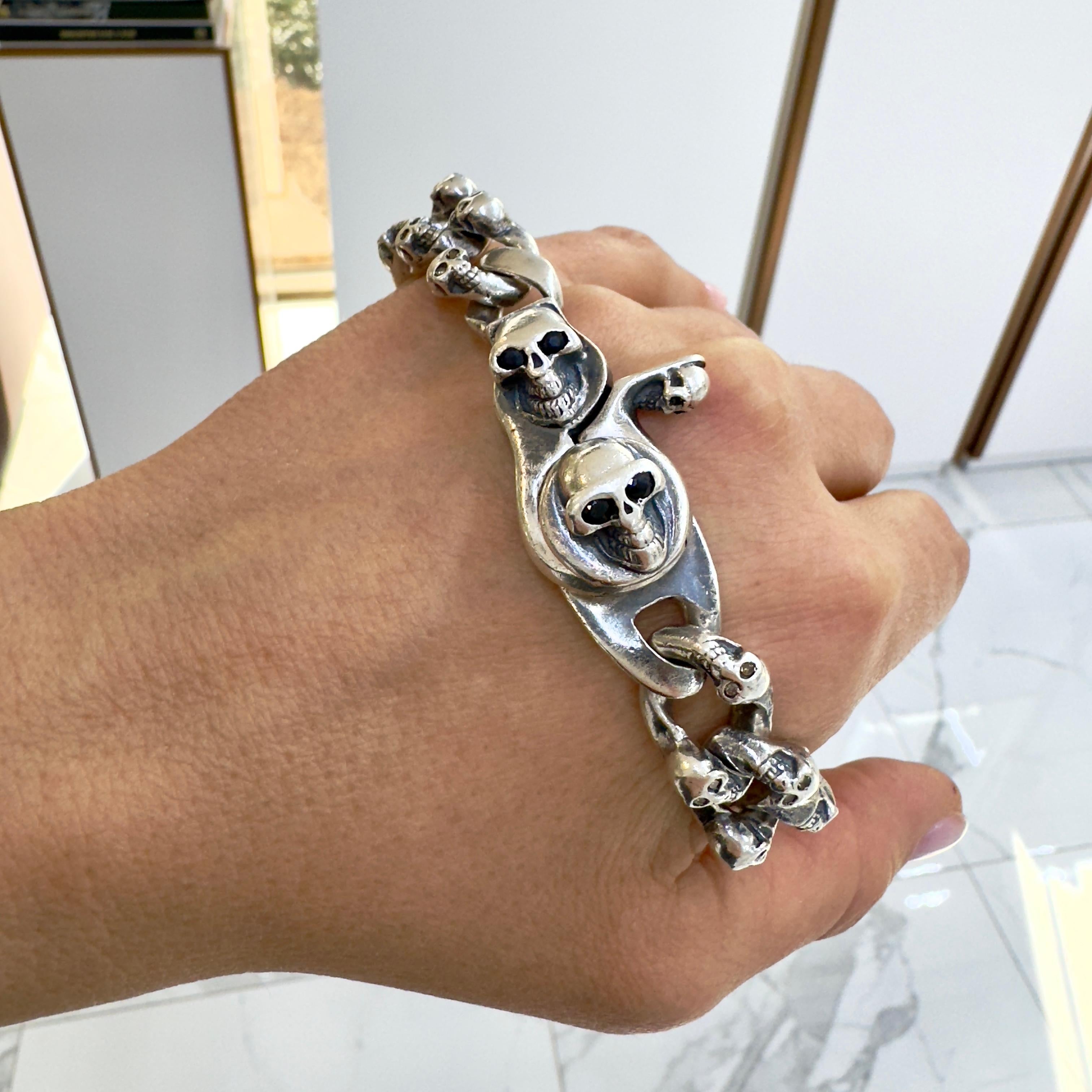 Vintage 925 Sterling Silver Diamond Eyed Black Sapphire Skulls Biker Bracelet 4