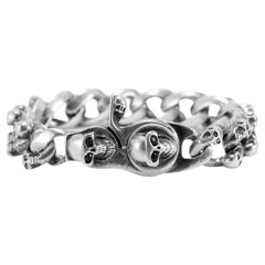 Vintage 925 Sterling Silver Diamond Eyed Black Sapphire Skulls Biker Bracelet