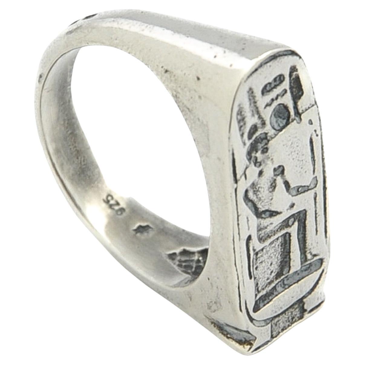 Vintage 925 Sterling Silver Egyptian Stirrup Signet Ring For Sale