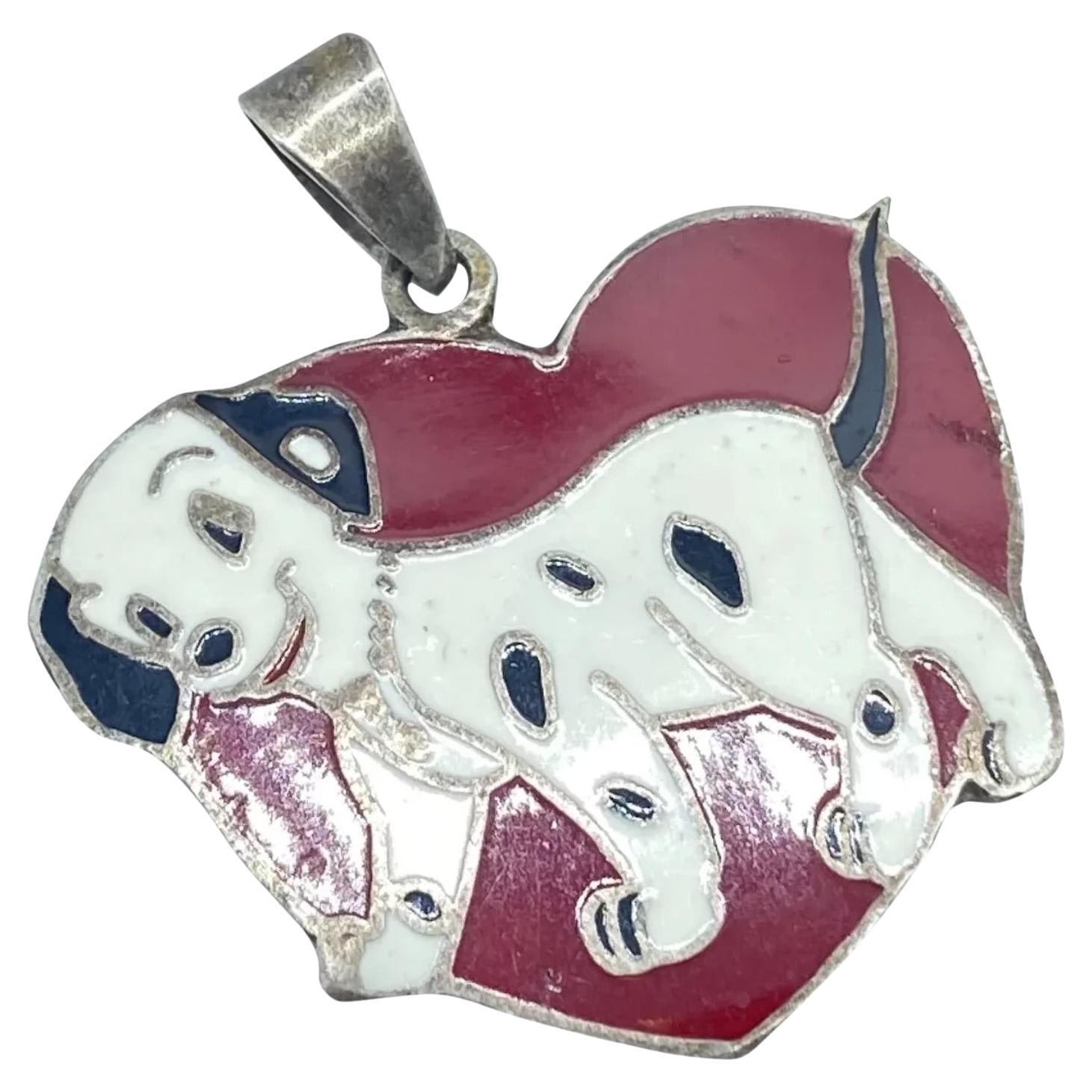 Vintage 925 Sterling Silver Enamel Mexico Dalmatian Dog Pendant For Sale