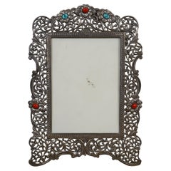 Vintage .925 Sterling Silver Filigree Picture Photo Frame Turquoise & Coral 5x7