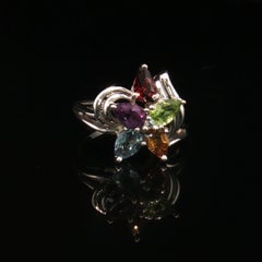 Vintage 925 Sterling Silver Marquee Multi Color Gem Floral Ring Size 8