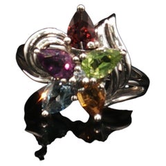 Vintage 925 Sterling Silver Marquee Multi Color Gem Floral Ring Size 8