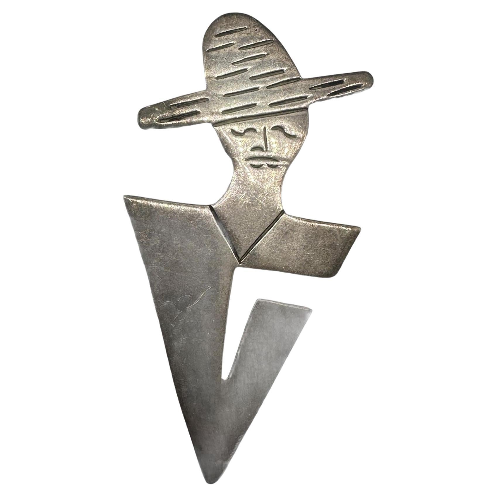 Vintage 925 Sterling Silver Mexican Lady In Hat Letter "V" Initial Pin Brooch For Sale