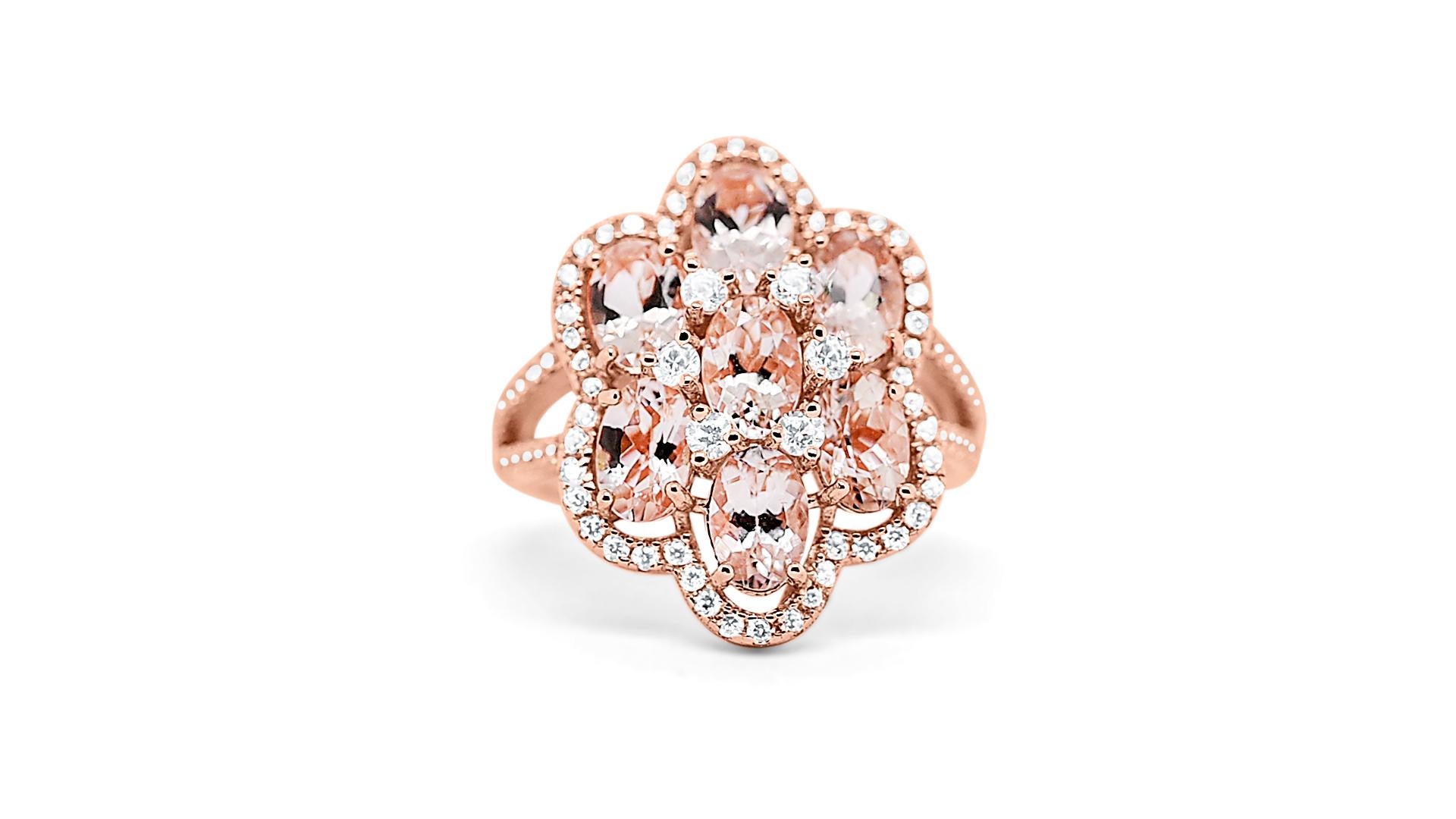 Art Deco Vintage 925 Sterling Silver Morganite & White Cz Rose Gold Plated Bridal Ring For Sale
