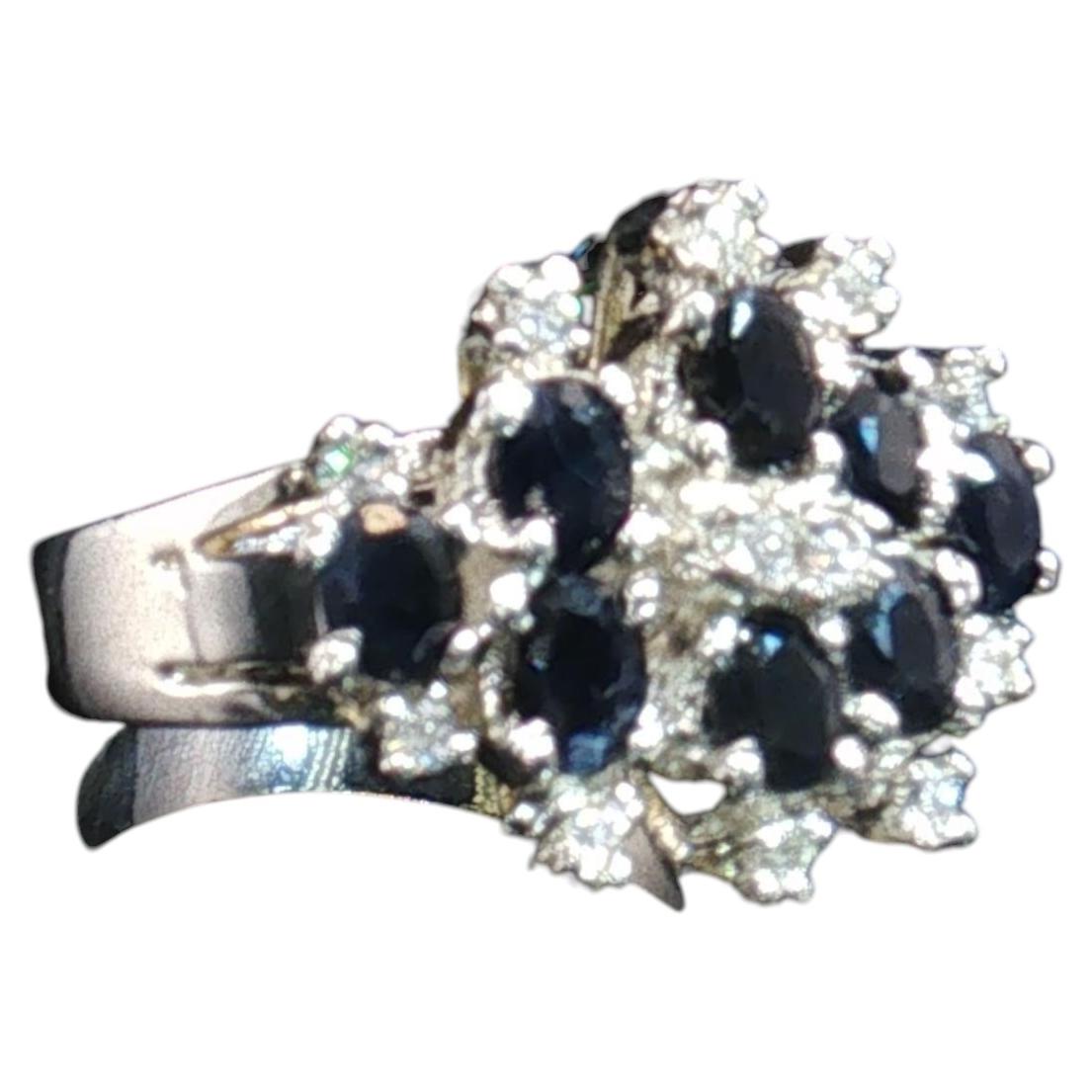 Vintage 925 Sterling Silver Sapphire & White Stone Cluster Ring Size 5.5