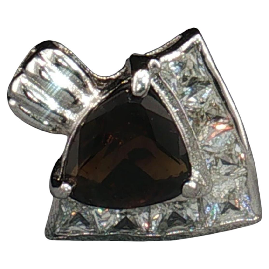 Vintage 925 Sterling Silver Smoky Quartz CZ Pendant Charm Trillion Cut Estate For Sale