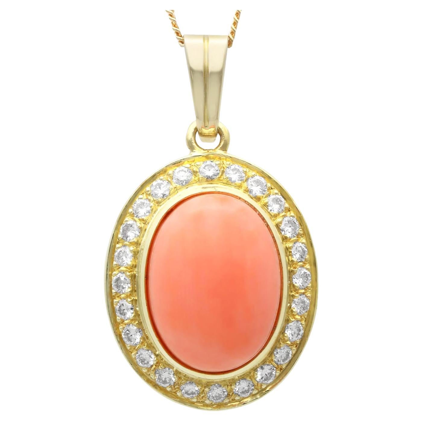 Vintage 9.27 Carat Coral and 0.80 Carat Diamond 18k Yellow Gold Pendant For Sale