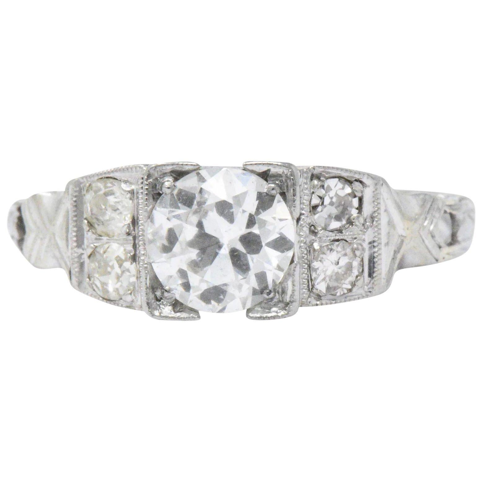 Vintage 0.94 Carat Diamond & 18 Karat White Gold Engagement Ring GIA