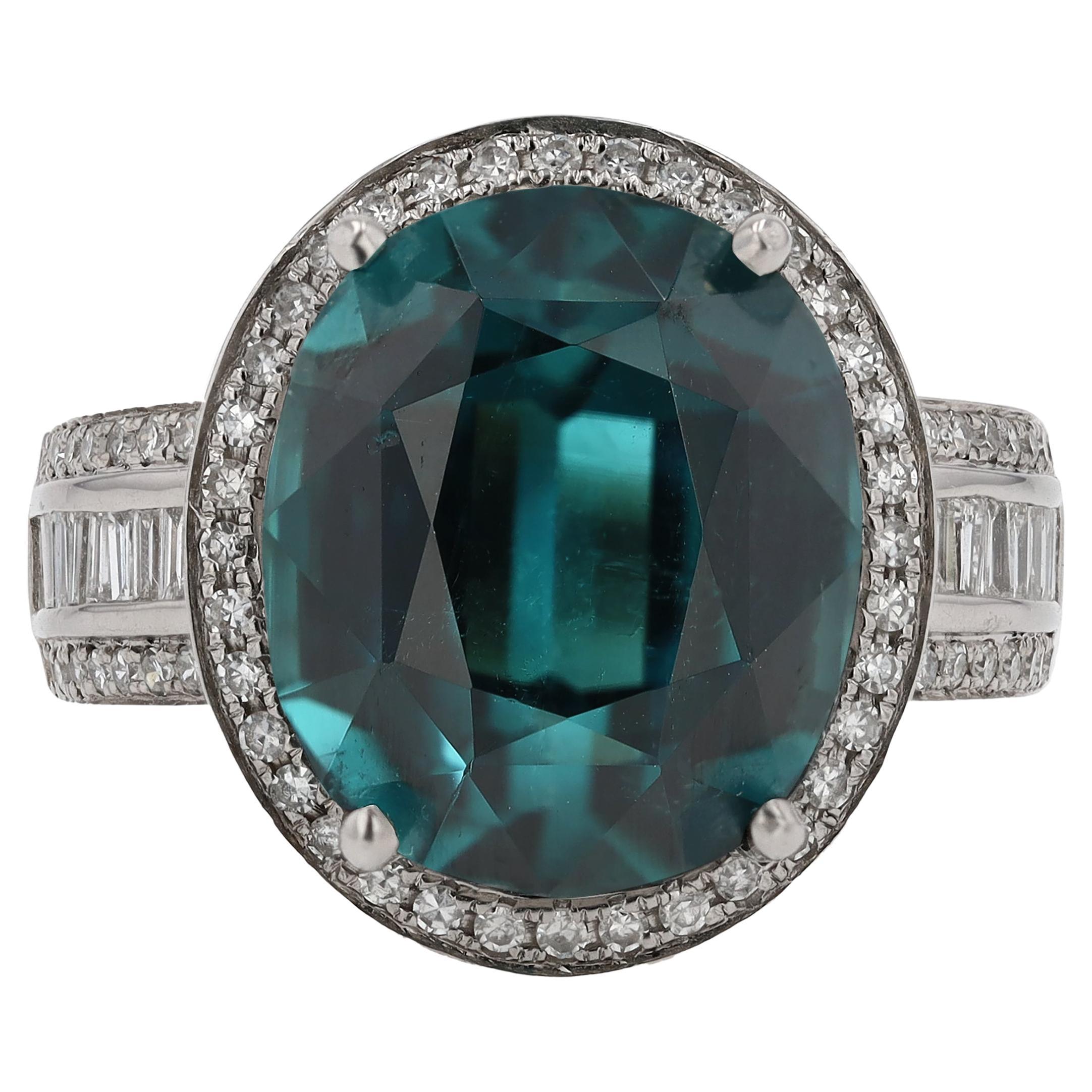  Vintage 9.40 Carat Indicolite Tourmaline and Diamond Cocktail Ring For Sale