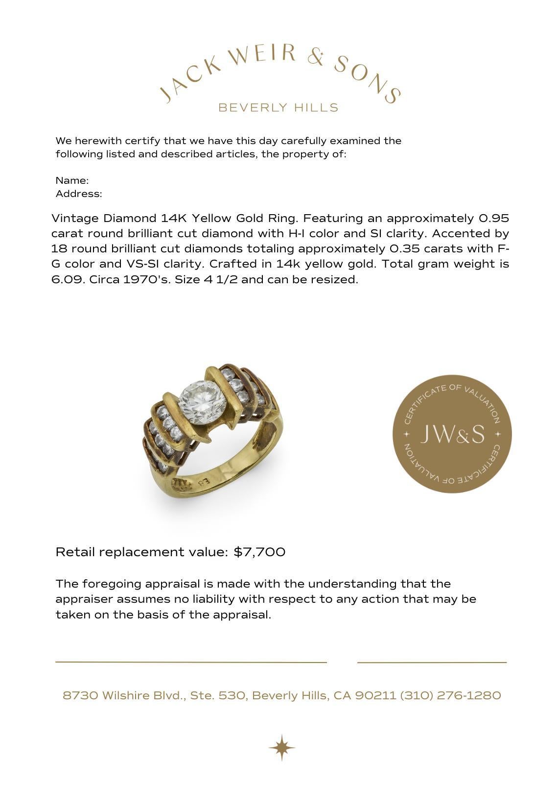 Bague vintage en or jaune 14k avec un diamant de 0,95 carat en vente 2