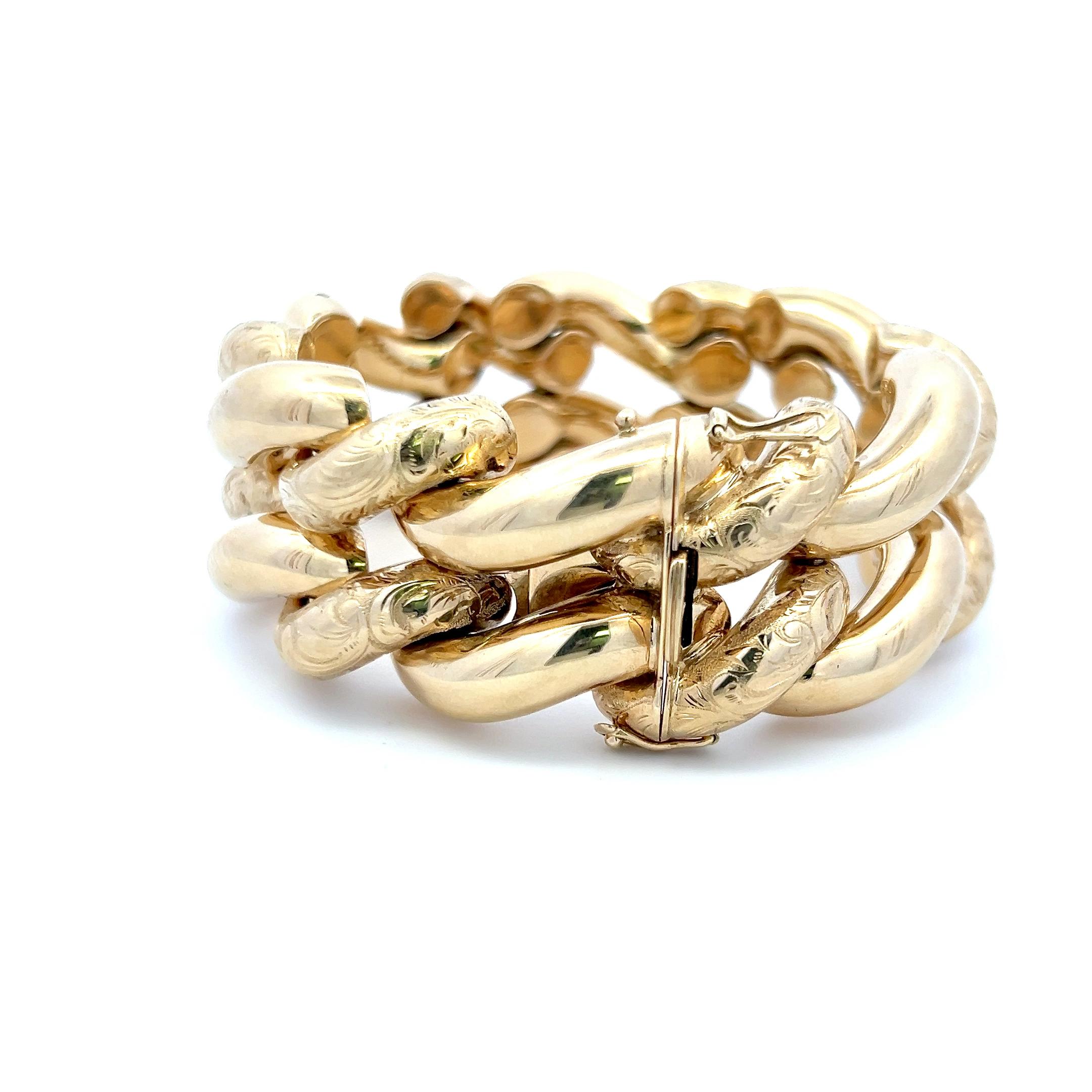 Bracelet vintage gravé à maillons en or jaune 14 carats 95 grammes Bon état - En vente à New York, NY
