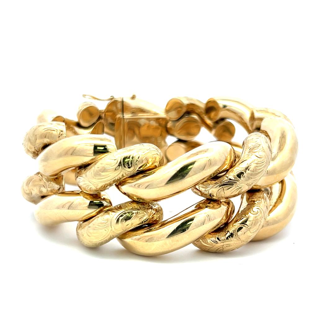 Bracelet vintage gravé à maillons en or jaune 14 carats 95 grammes en vente 2