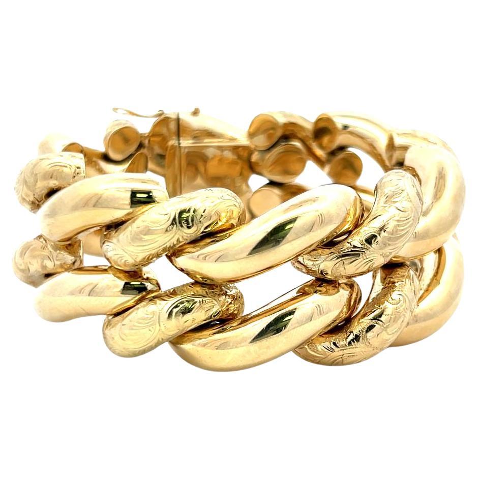 Vintage 95 Grams 14 Karat Yellow Gold Link Engraved Bracelet