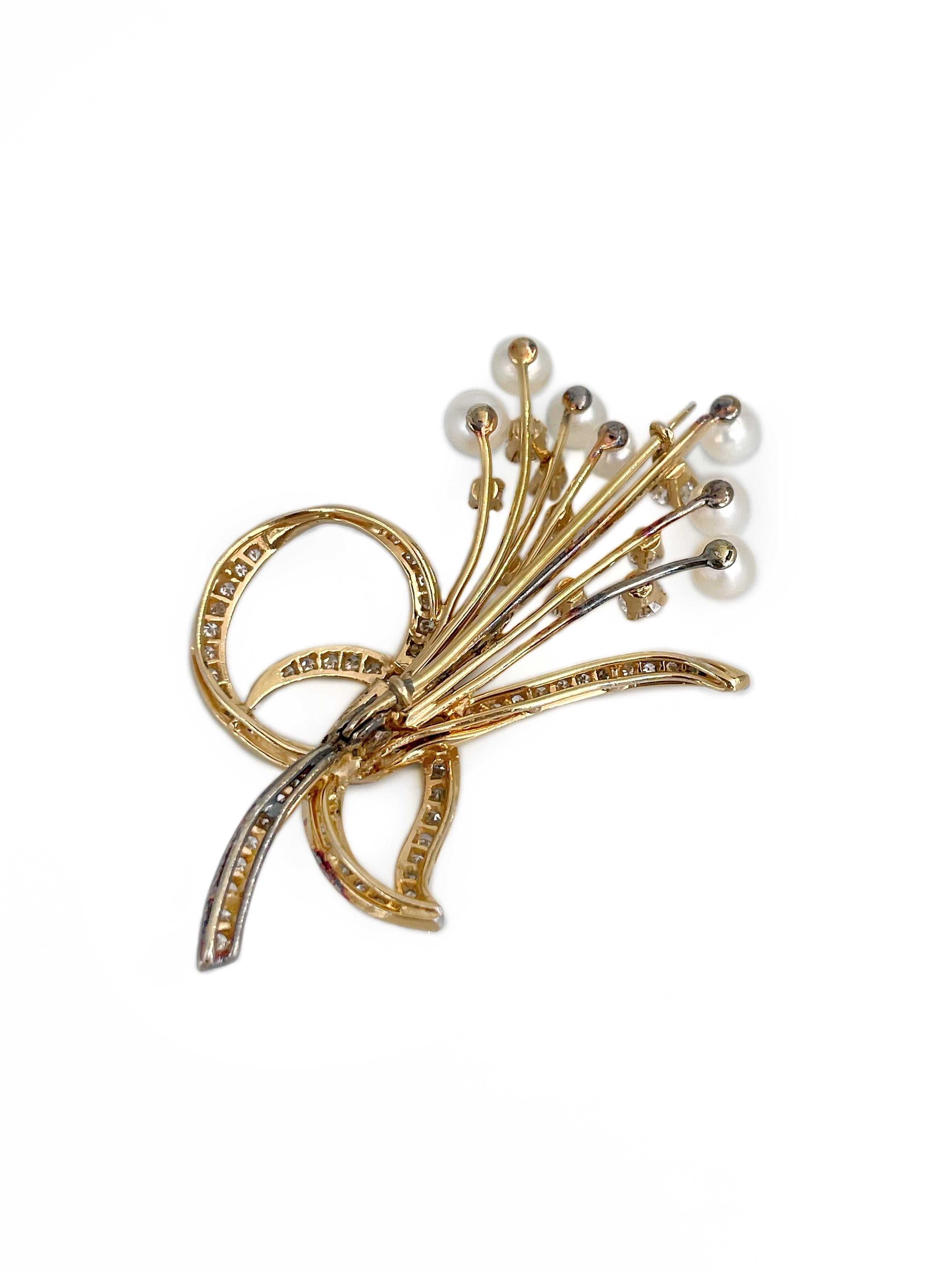 Mixed Cut Vintage 950 Platinum Pearl TW 1.00 Carat Diamond Floral Motif Pin Brooch