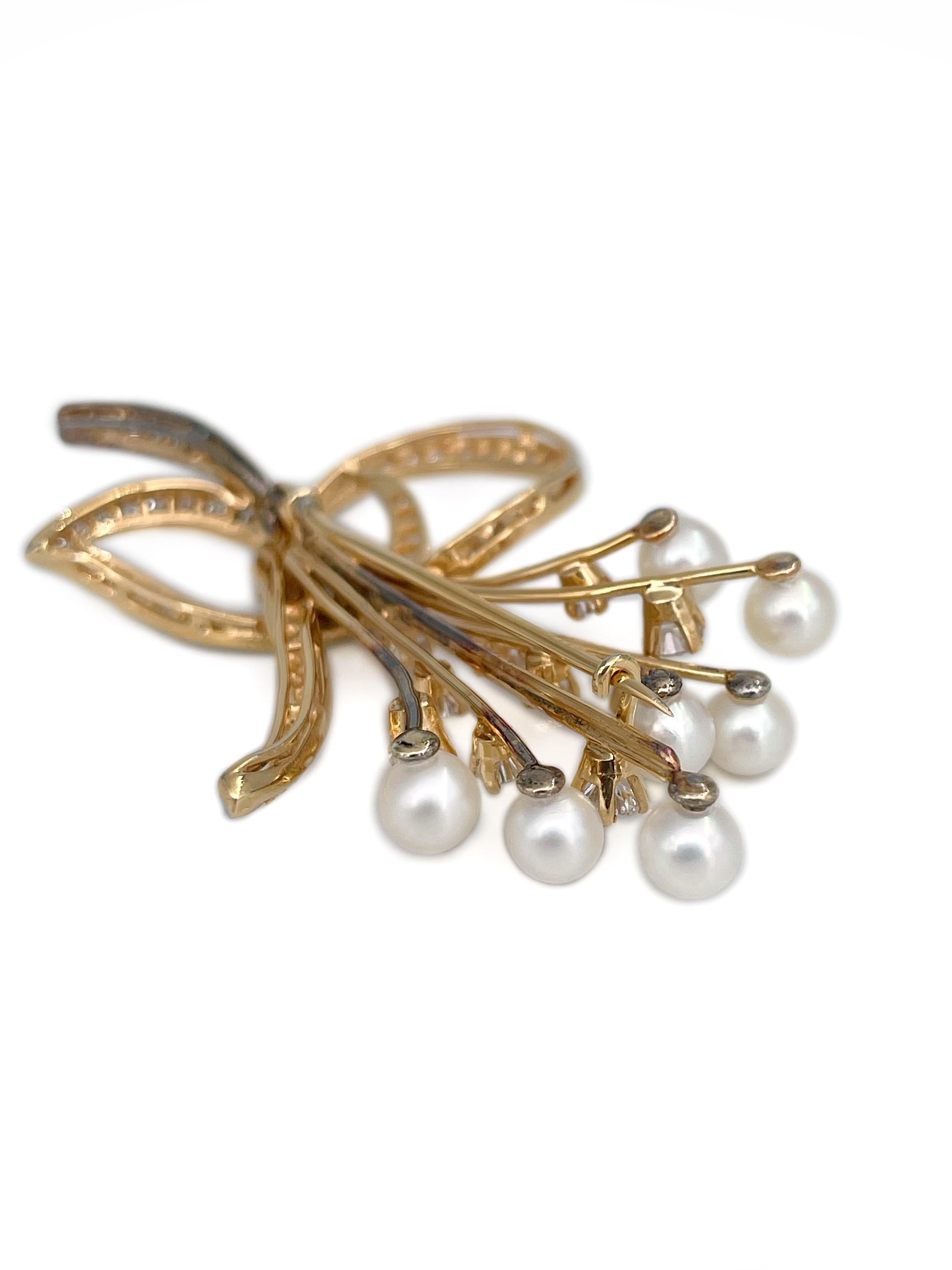 Vintage 950 Platinum Pearl TW 1.00 Carat Diamond Floral Motif Pin Brooch In Good Condition In Vilnius, Vilniaus apskr.