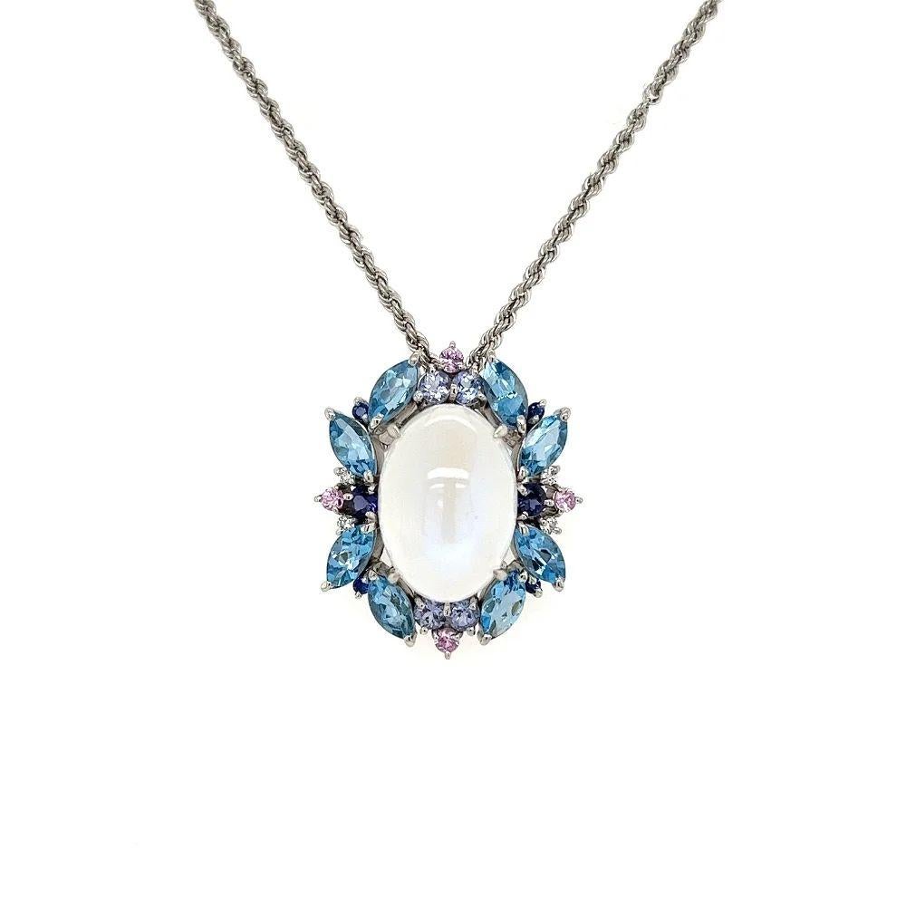 Modern Vintage 9.51 Carat Moonstone Topaz Sapphire Tanzanite Diamond Pendant Necklace For Sale