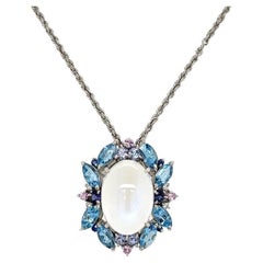 Vintage 9.51 Carat Moonstone Topaz Sapphire Tanzanite Diamond Pendant Necklace