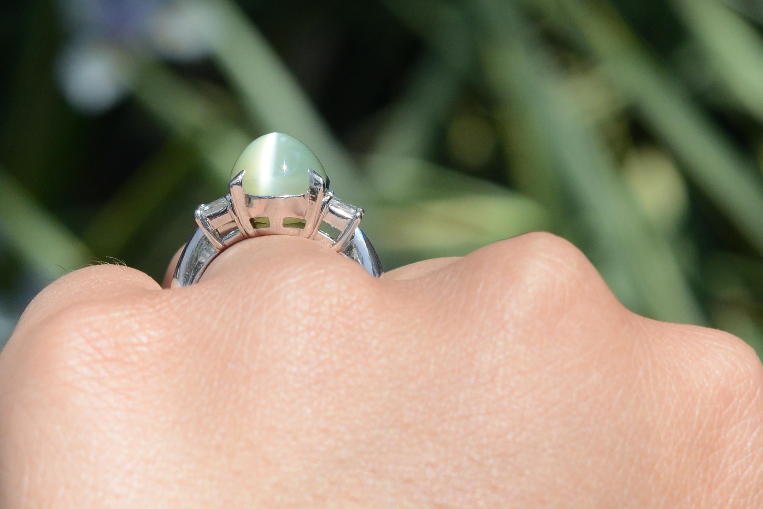 Vintage 9,54 Karat Cat's Eye Chrysoberyll und Diamant Estate Ring (Smaragdschliff)