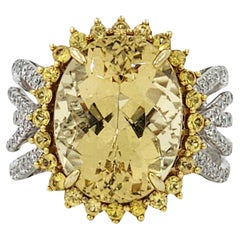 Retro 9.55Ct Yellow Beryl Yellow Sapphire Diamond Ring in 14 Karat White Gold