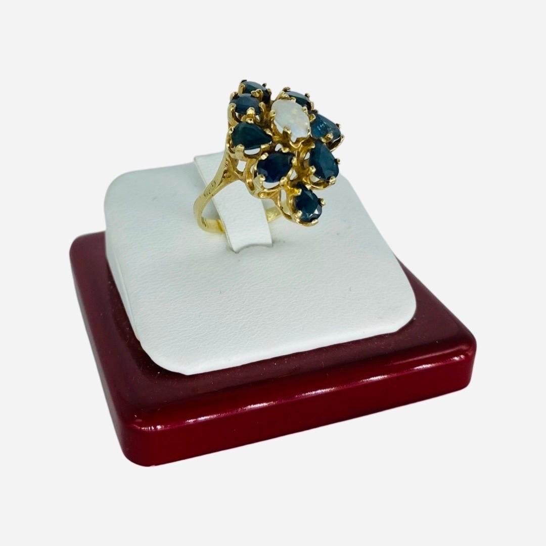 Pear Cut Vintage 9.56 Carat Blue Sapphires and Opal Center Cluster Cocktail Ring 14k Gold For Sale