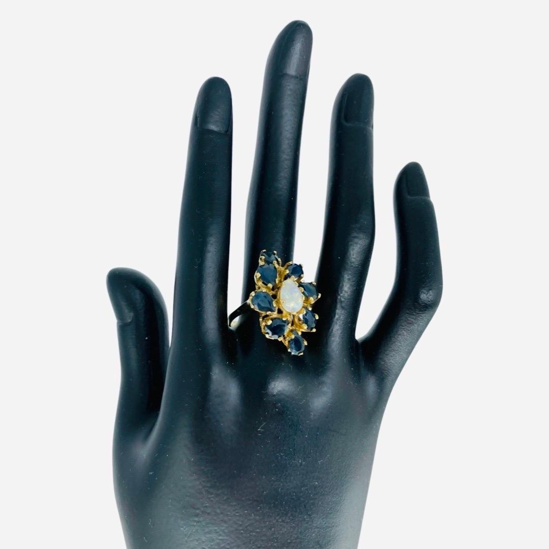 Women's Vintage 9.56 Carat Blue Sapphires and Opal Center Cluster Cocktail Ring 14k Gold For Sale