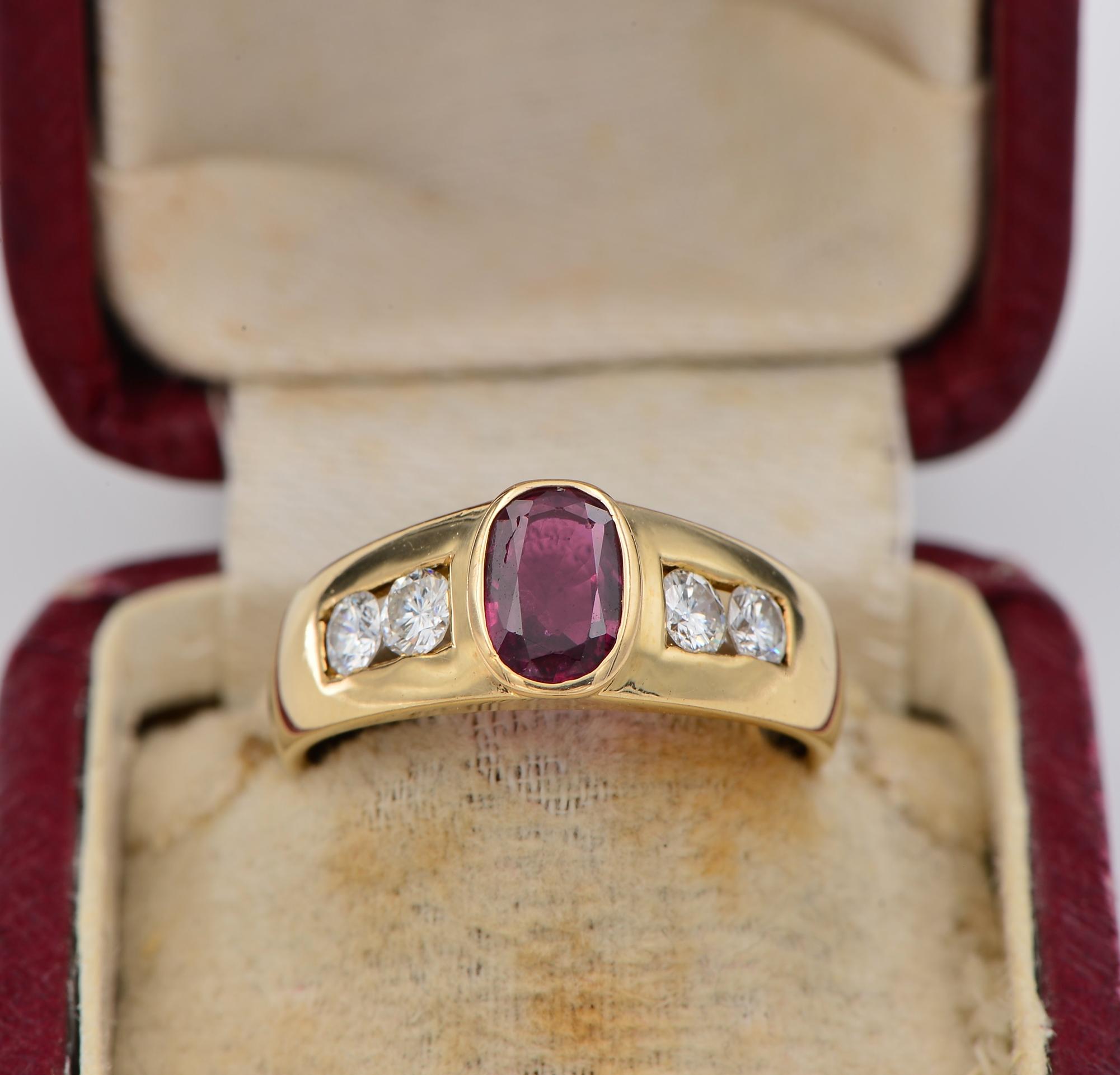 Gipsy Five Stone
This beautiful Retro five stone ring is 1940/45 ca
Suitable for either sex, comes in a traditional Gipsy design comprising a centre Ruby flanked by two Diamonds on either side
Mounting has been hand crafted of solid 18 Kt gold,