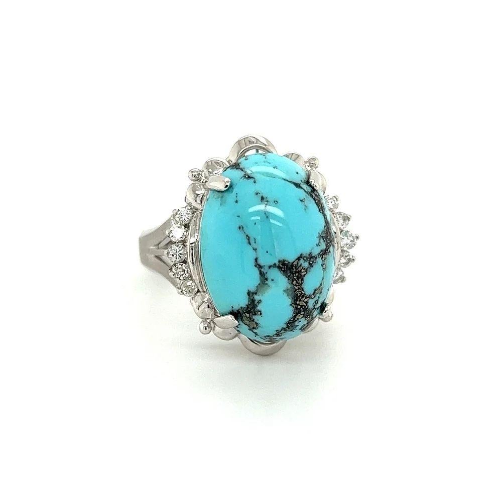 Vintage 9.64 Carat Dragon Skin Turquoise and Diamond Gold Ring Simply Beautiful! Dragon Skin Turquoise and Diamond Ring, securely centered by a Cabochon Turquoise, weighing approx. 9.64 Carat. Accented by Diamonds, approx. 0.14tcw. Finely