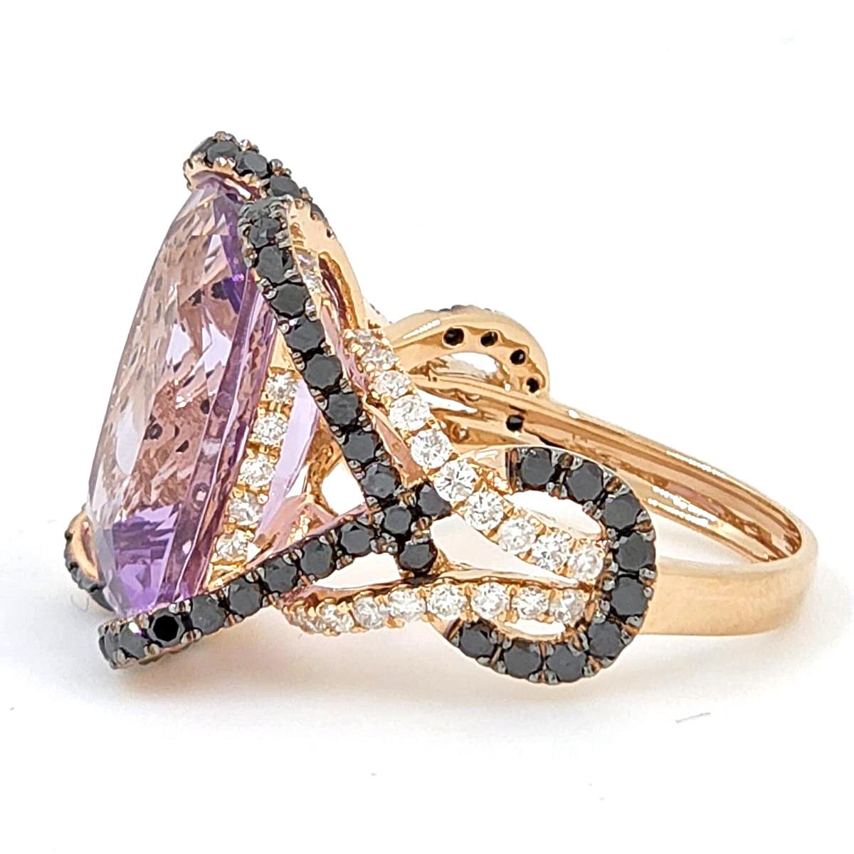 Cushion Cut Vintage 9.71 Carat Amethyst with White & Black Diamond Ring 18 Karat Rose Gold For Sale