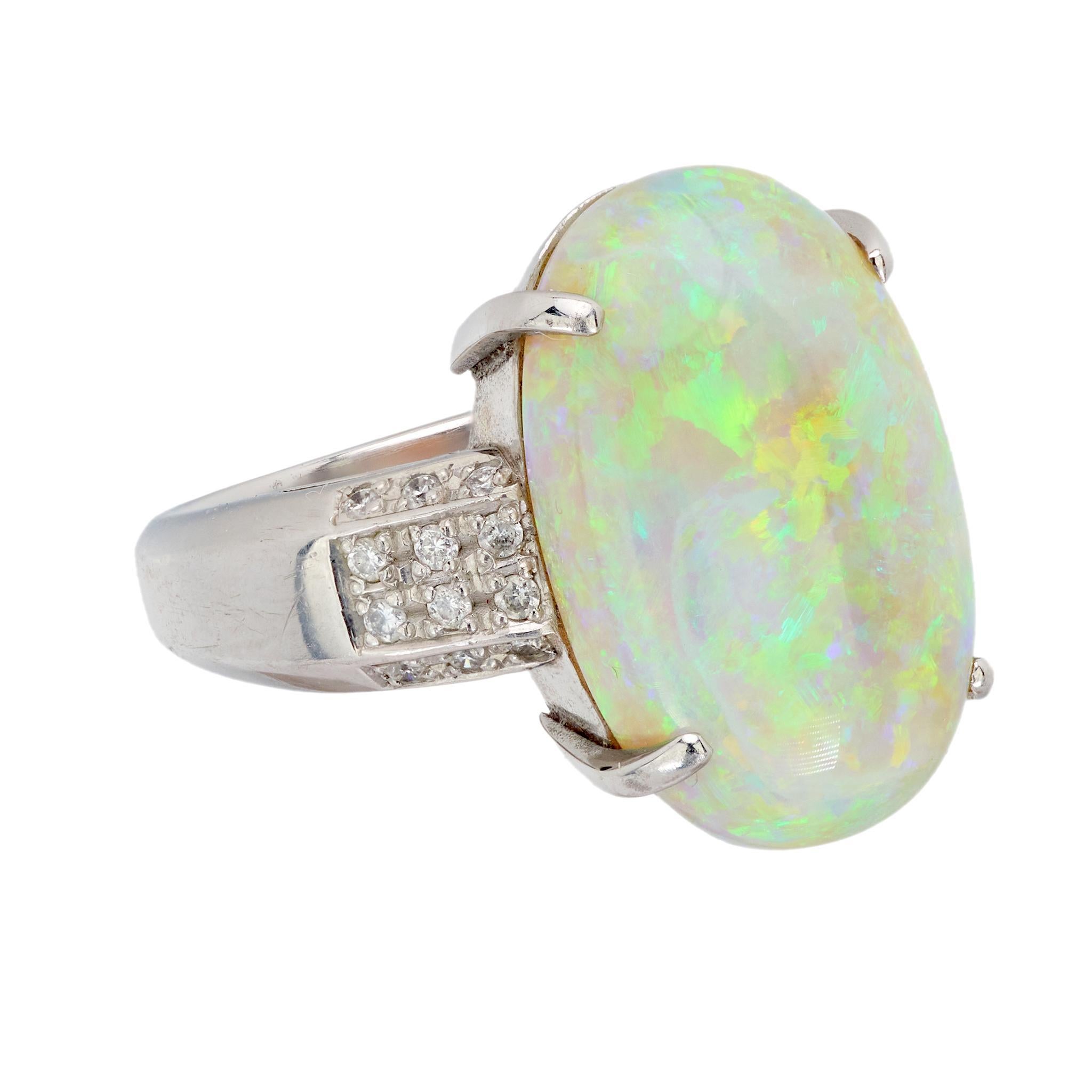 Modern Vintage 9.77 carat cabochon opal diamond platinum cocktail ring For Sale