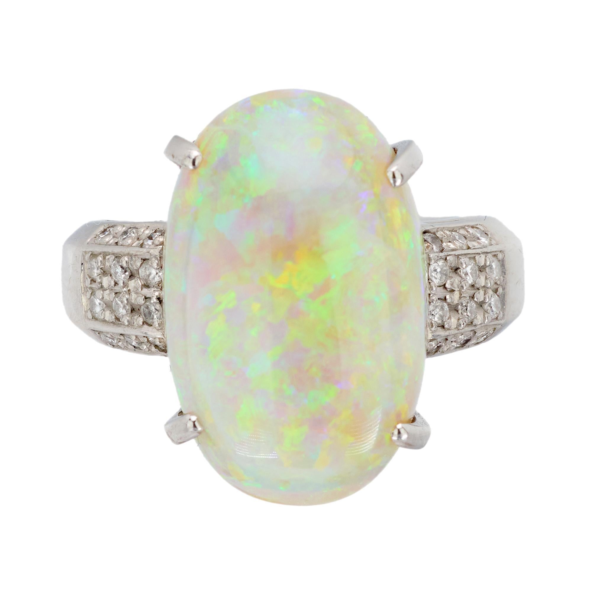 Cabochon Vintage 9.77 carat cabochon opal diamond platinum cocktail ring For Sale