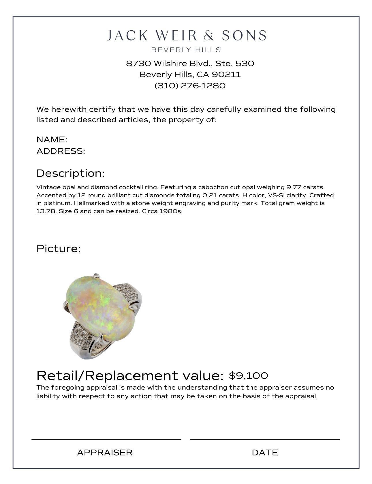 Vintage 9.77 carat cabochon opal diamond platinum cocktail ring In Excellent Condition For Sale In Beverly Hills, CA